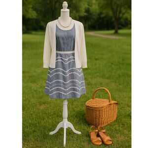 Boden Chambray Wave Dot Linen Dress Blue White Polka Dot Sleeveless Size 6